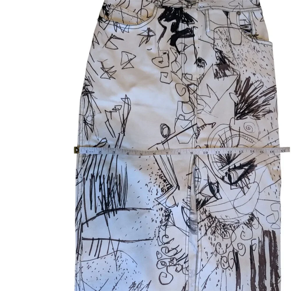 Vintage John Galliano Skirt Denim Pencil Sketches Printed Kendall Jenner Owned